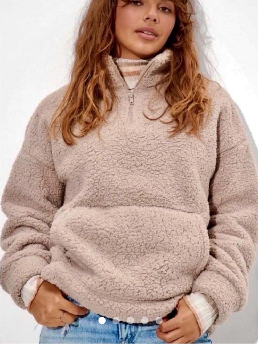 American Eagle Women’s Cozy Quarter Zip Sherpa Pullover, Tan Size Large
